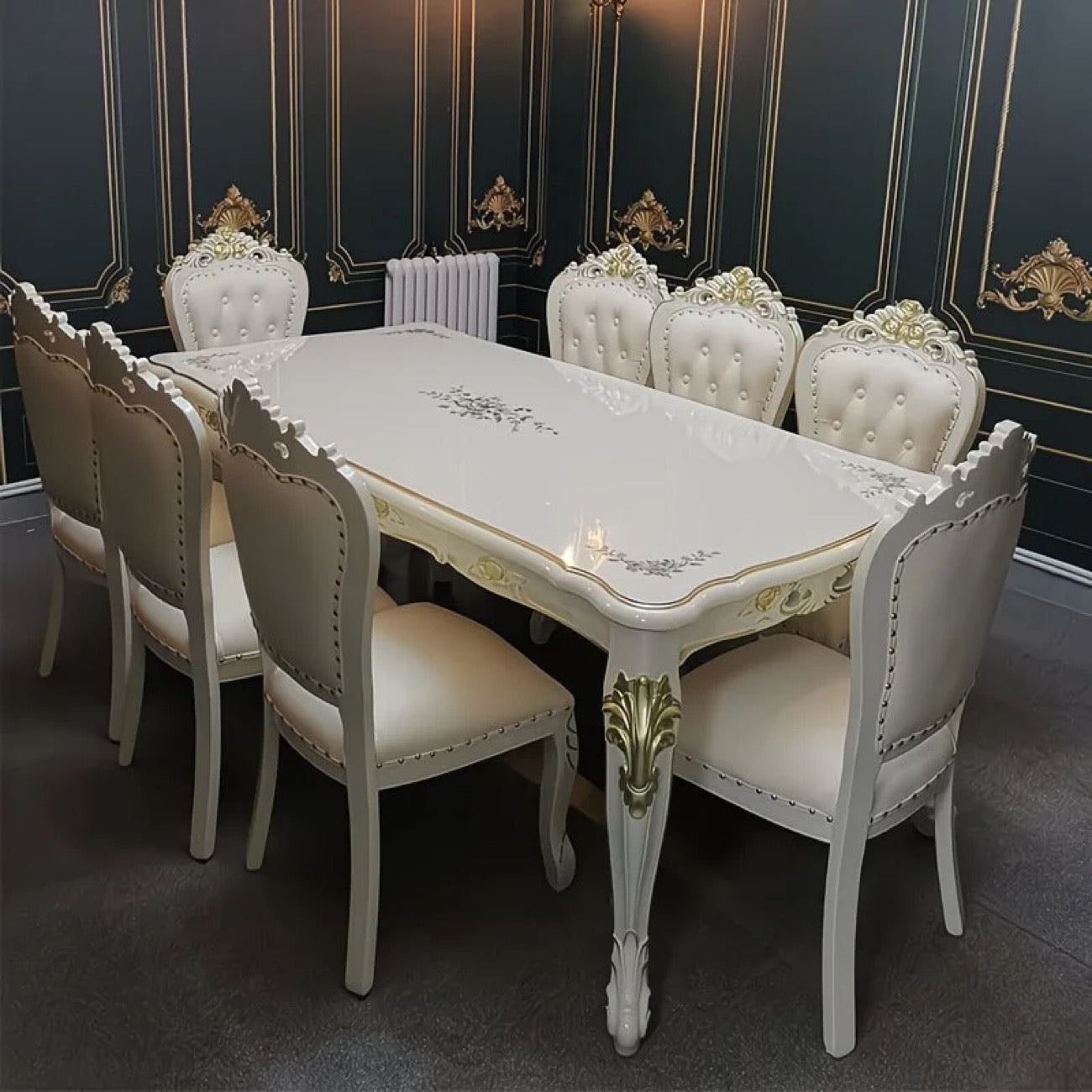 Luxury Dinner Room Table and Chair Set 8 Seater Gray Marble