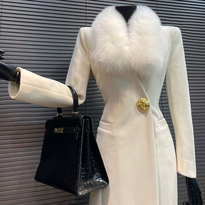 Melard Classic Black Tweed Coat with Fox Fur Collar