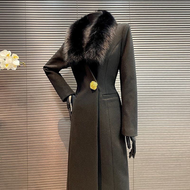 Melard Classic Black Tweed Coat with Fox Fur Collar